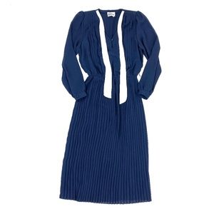 Navy Blue Chiffon MIdi Dress White Pussy Bow | M